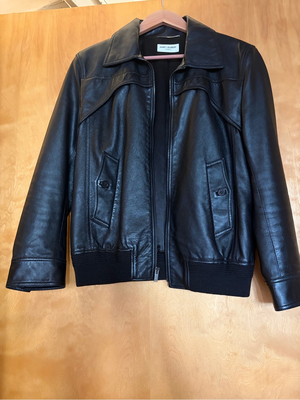 Saint Laurent Black Lamb Leather Bomber Jacket with Ribbed Hem